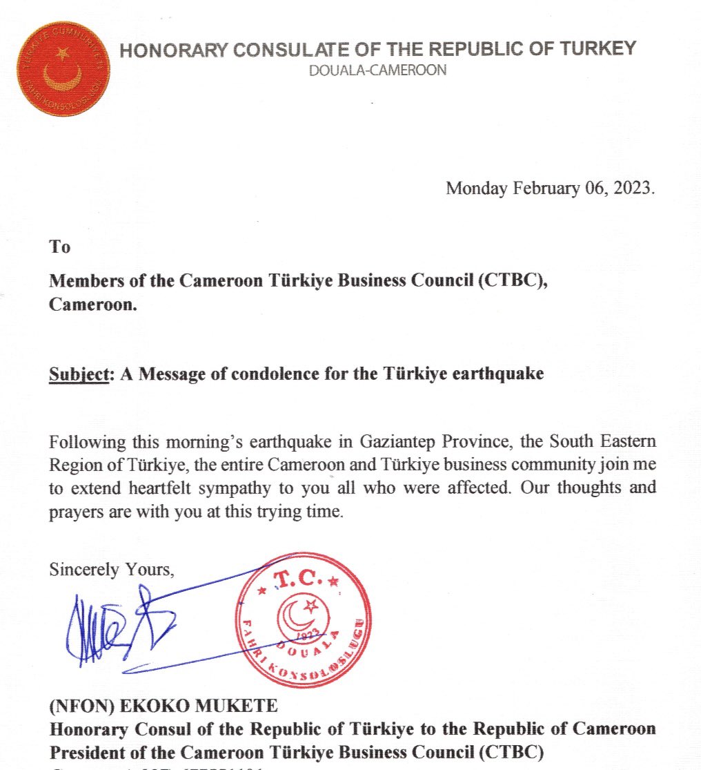 Message of condolence for the Türkiye earthquake
